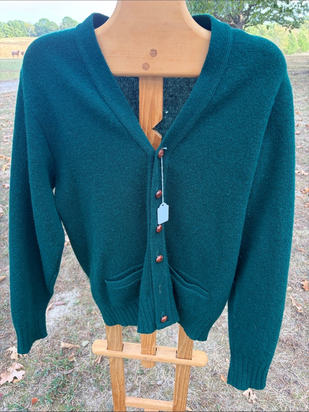 Vintage Shetland Wool Classic Green V-Neck Button Cardigan Sweater - Mens